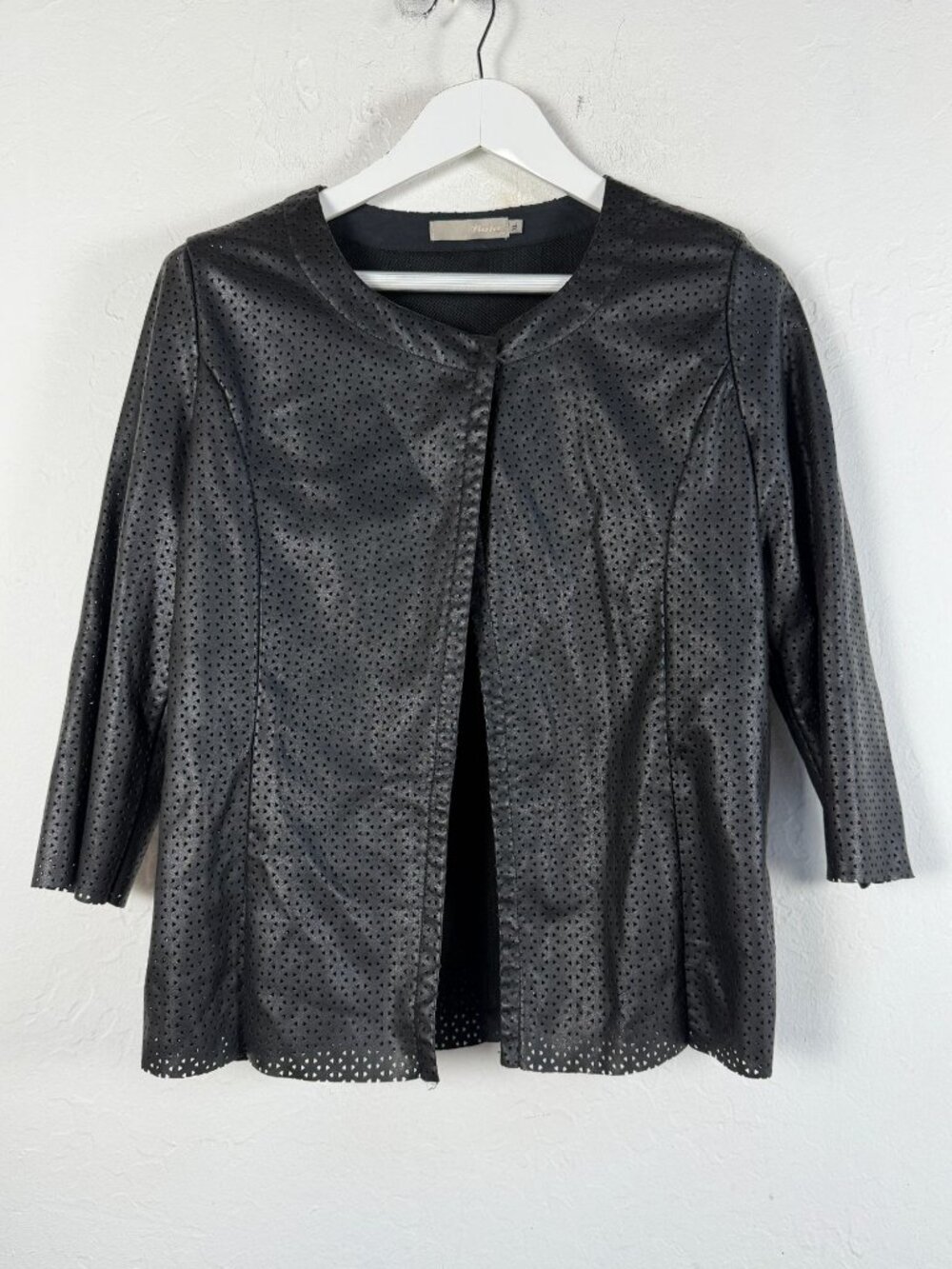 Bata Womens Black Perforated Faux Leather Jacket Laser Cutout Blazer Size XL